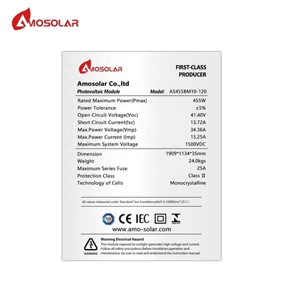 아모솔라 440W 450W 460W 1000W 단 결정 태양 전지 패널 IP68 등급 연결 상자
